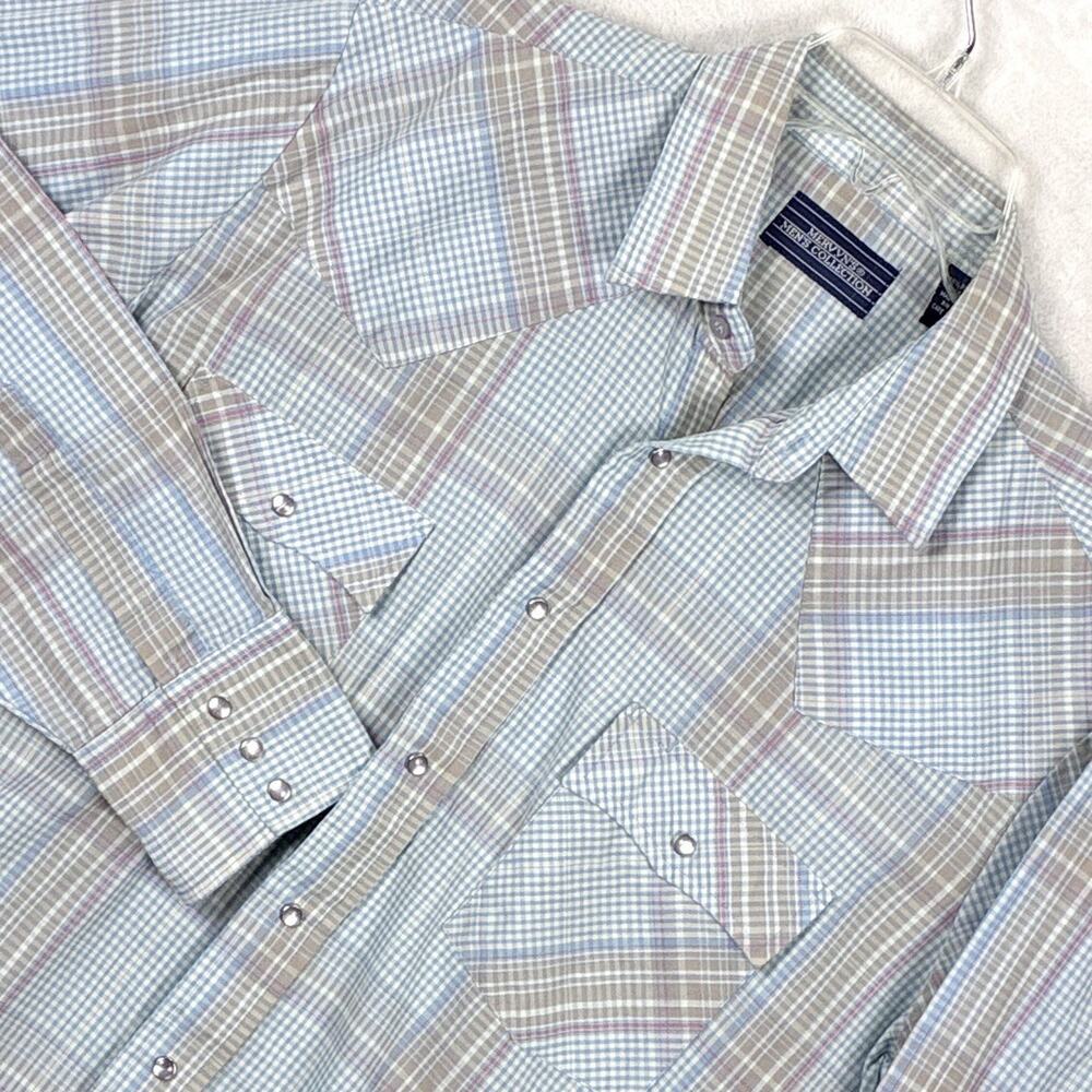 VTG Mervyns Mens Collection Shirt L Blue Plaid Western Pearl Snap 80s Cowboy